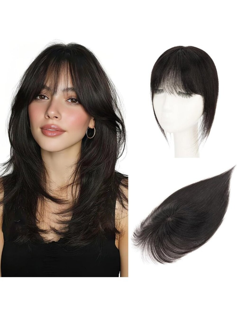 Lightweight Clip-In Human Hair Bangs for Women, 3D Invisible Full Cover Toppers